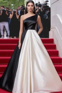 Preto &Branco Uma Linha Ruched Um Ombro Longo Vestido de Gala
