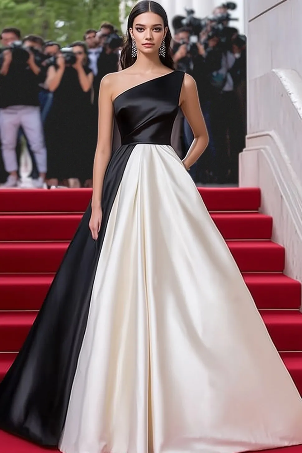 Preto &Branco Uma Linha Ruched Um Ombro Longo Vestido de Gala