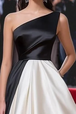 Preto &Branco Uma Linha Ruched Um Ombro Longo Vestido de Gala
