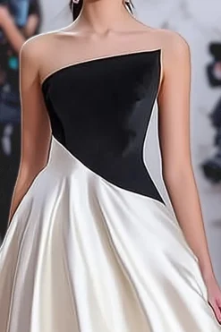 Preto Branco Uma Linha Strapless Cetim Ruched Gala Dress