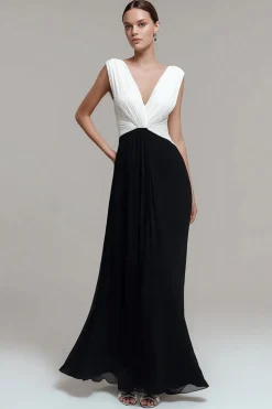 Preto branco V pescoço plissado vestido formal