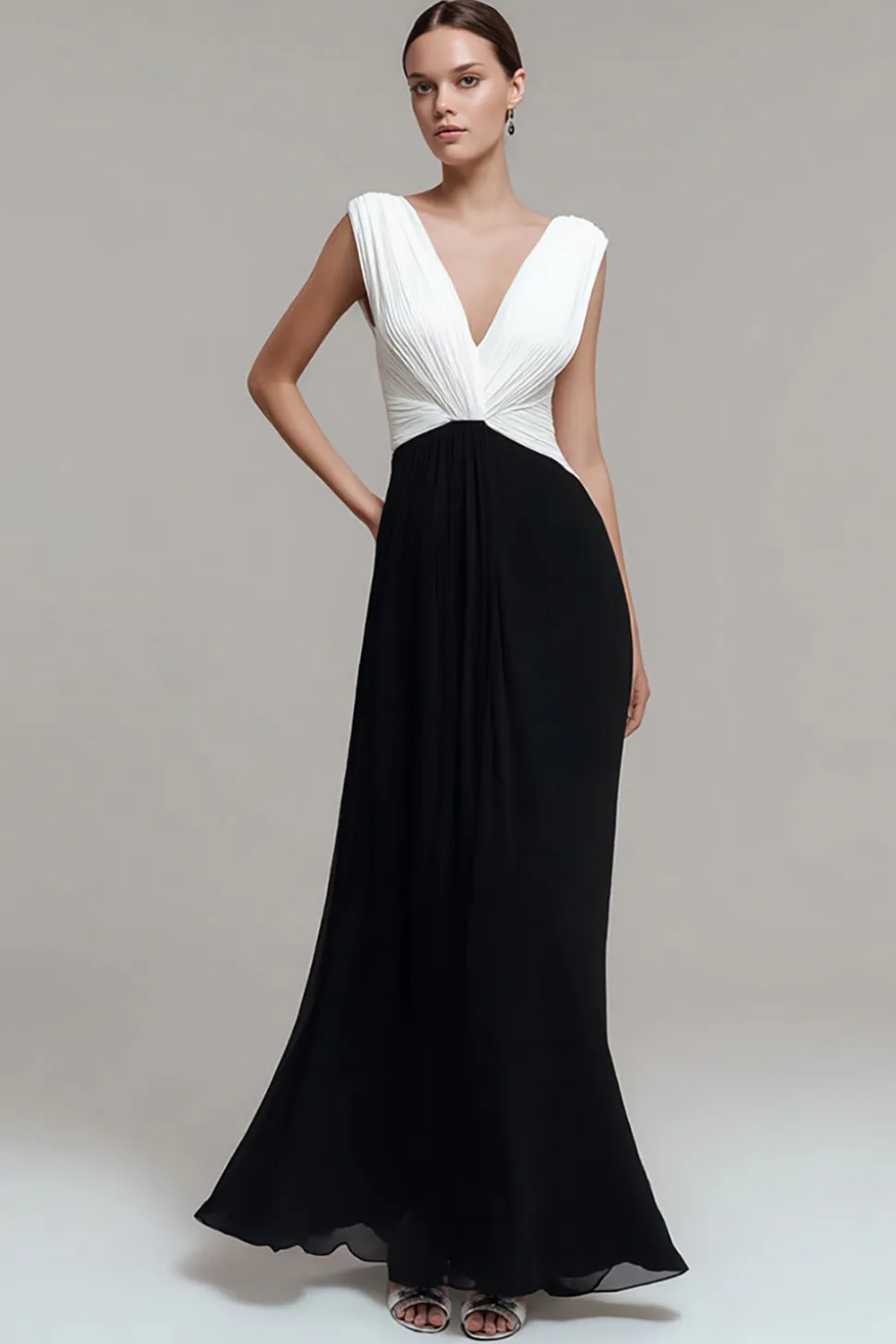 Preto branco V pescoço plissado vestido formal