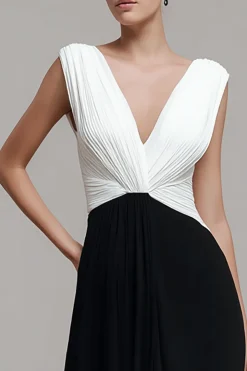 Preto branco V pescoço plissado vestido formal