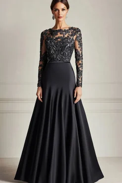 Preto brilhante A-Line mangas compridas cetim longo mãe da noiva vestido com apliques de renda