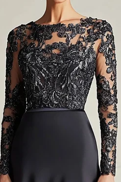Preto brilhante A-Line mangas compridas cetim longo mãe da noiva vestido com apliques de renda
