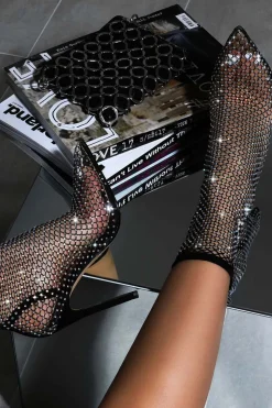 Preto brilhante dedo pontiagudo Net Stiletto salto alto