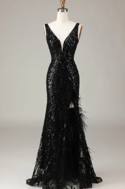 Preto brilhante Depp V-neck vestido de baile de formatura com penas