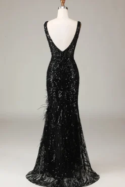 Preto brilhante Depp V-neck vestido de baile de formatura com penas