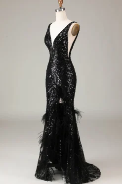 Preto brilhante Depp V-neck vestido de baile de formatura com penas