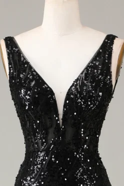 Preto brilhante Depp V-neck vestido de baile de formatura com penas