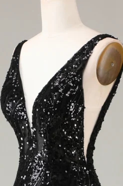 Preto brilhante Depp V-neck vestido de baile de formatura com penas