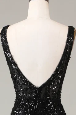 Preto brilhante Depp V-neck vestido de baile de formatura com penas