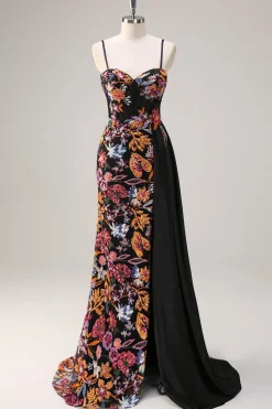 Preto brilhante floral sereia Watteau trem Sequins longo espartilho vestido de baile com fenda