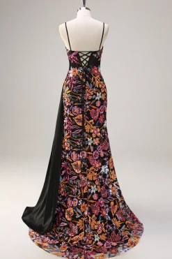 Preto brilhante floral sereia Watteau trem Sequins longo espartilho vestido de baile com fenda