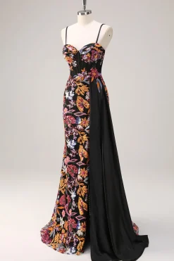 Preto brilhante floral sereia Watteau trem Sequins longo espartilho vestido de baile com fenda