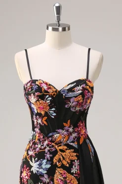 Preto brilhante floral sereia Watteau trem Sequins longo espartilho vestido de baile com fenda