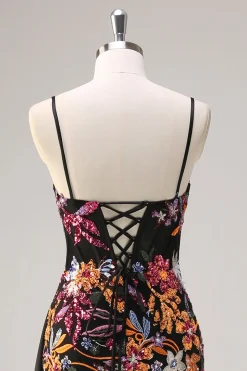 Preto brilhante floral sereia Watteau trem Sequins longo espartilho vestido de baile com fenda
