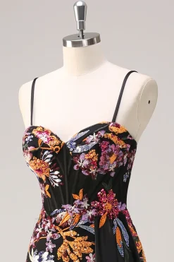 Preto brilhante floral sereia Watteau trem Sequins longo espartilho vestido de baile com fenda