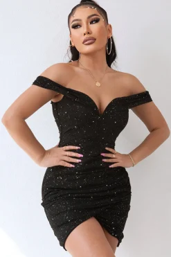 Preto brilhante fora do ombro Beading Bodycon vestido de cocktail curto