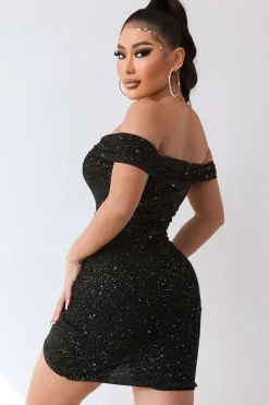 Preto brilhante fora do ombro Beading Bodycon vestido de cocktail curto
