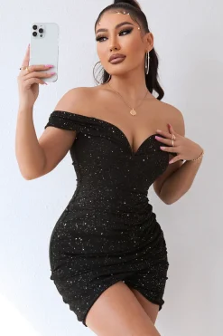 Preto brilhante fora do ombro Beading Bodycon vestido de cocktail curto