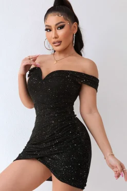 Preto brilhante fora do ombro Beading Bodycon vestido de cocktail curto
