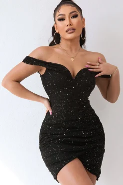 Preto brilhante fora do ombro Beading Bodycon vestido de cocktail curto