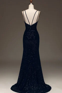 Preto Brilhante Lantejoulas Sereia Longo Vestido De Baile Com Fenda