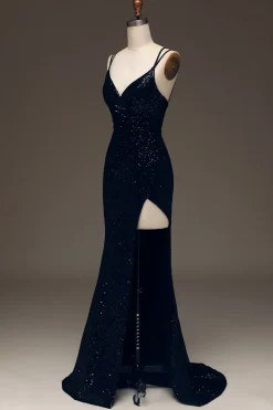 Preto Brilhante Lantejoulas Sereia Longo Vestido De Baile Com Fenda