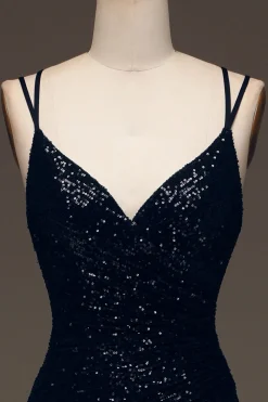 Preto Brilhante Lantejoulas Sereia Longo Vestido De Baile Com Fenda