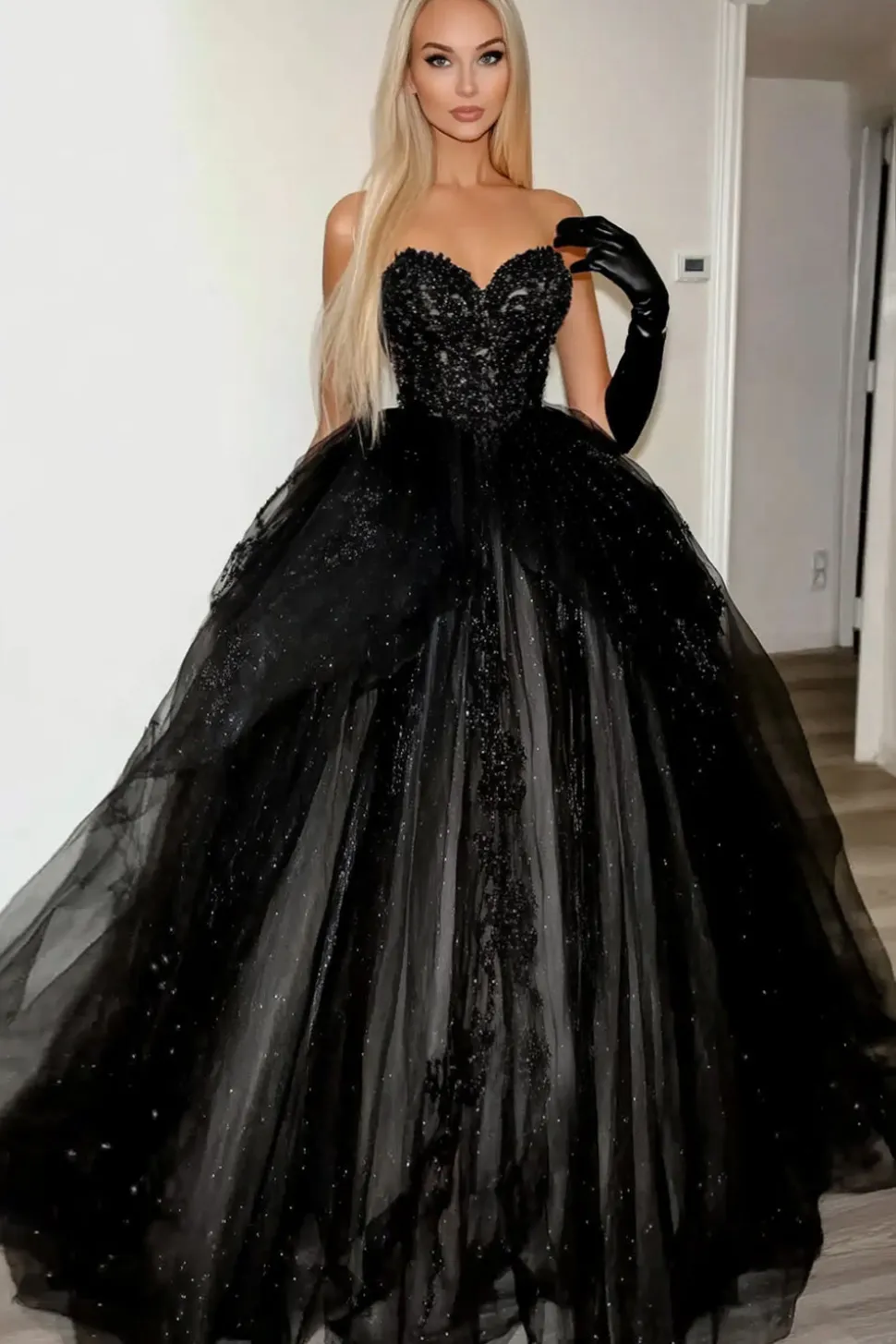 Preto brilhante querida princesa tule longo vestido de baile com apliques