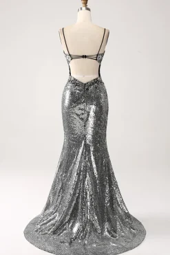 Preto Brilhante Sereia Esparguete Correias Corset Prom Dress com Fenda