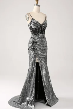 Preto Brilhante Sereia Esparguete Correias Corset Prom Dress com Fenda