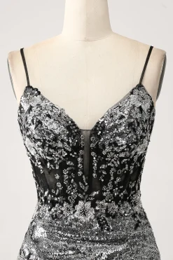 Preto Brilhante Sereia Esparguete Correias Corset Prom Dress com Fenda