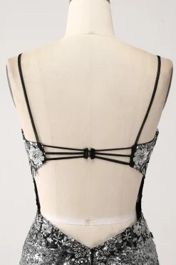 Preto Brilhante Sereia Esparguete Correias Corset Prom Dress com Fenda