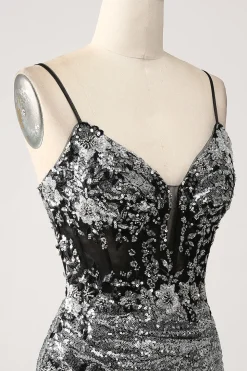 Preto Brilhante Sereia Esparguete Correias Corset Prom Dress com Fenda