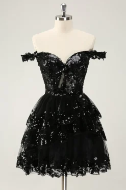 Preto brilhante Uma linha fora do espartilho ombro Tiered Lace Short Homecoming Dress