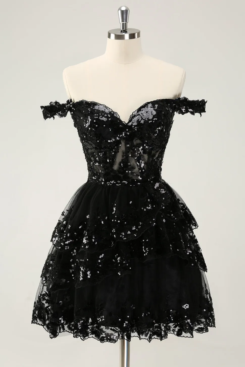 Preto brilhante Uma linha fora do espartilho ombro Tiered Lace Short Homecoming Dress