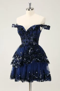 Preto brilhante Uma linha fora do espartilho ombro Tiered Lace Short Homecoming Dress