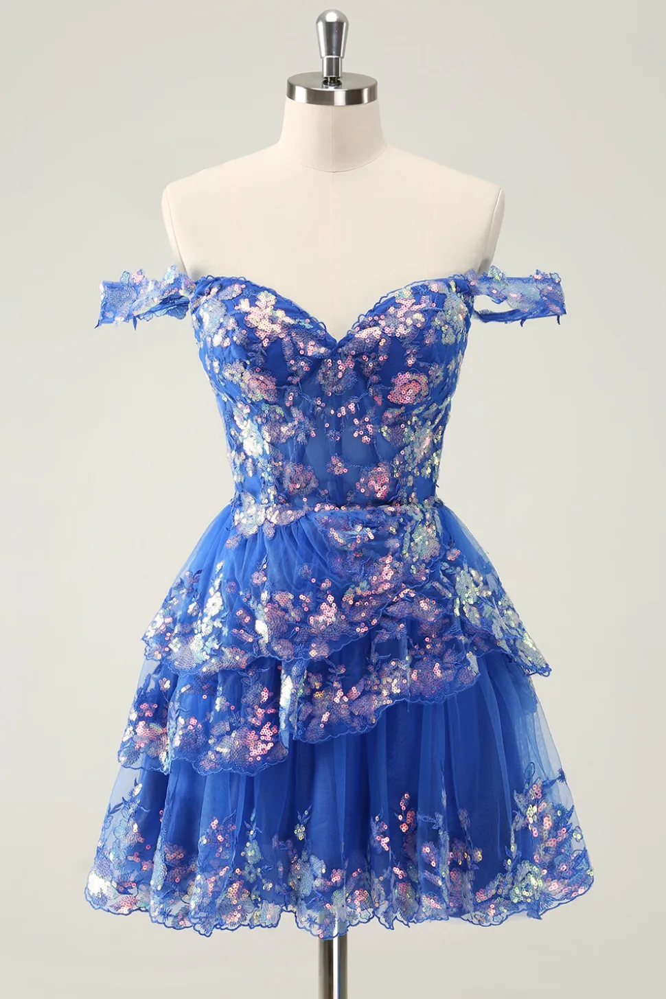 Preto brilhante Uma linha fora do espartilho ombro Tiered Lace Short Homecoming Dress