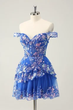 Preto brilhante Uma linha fora do espartilho ombro Tiered Lace Short Homecoming Dress