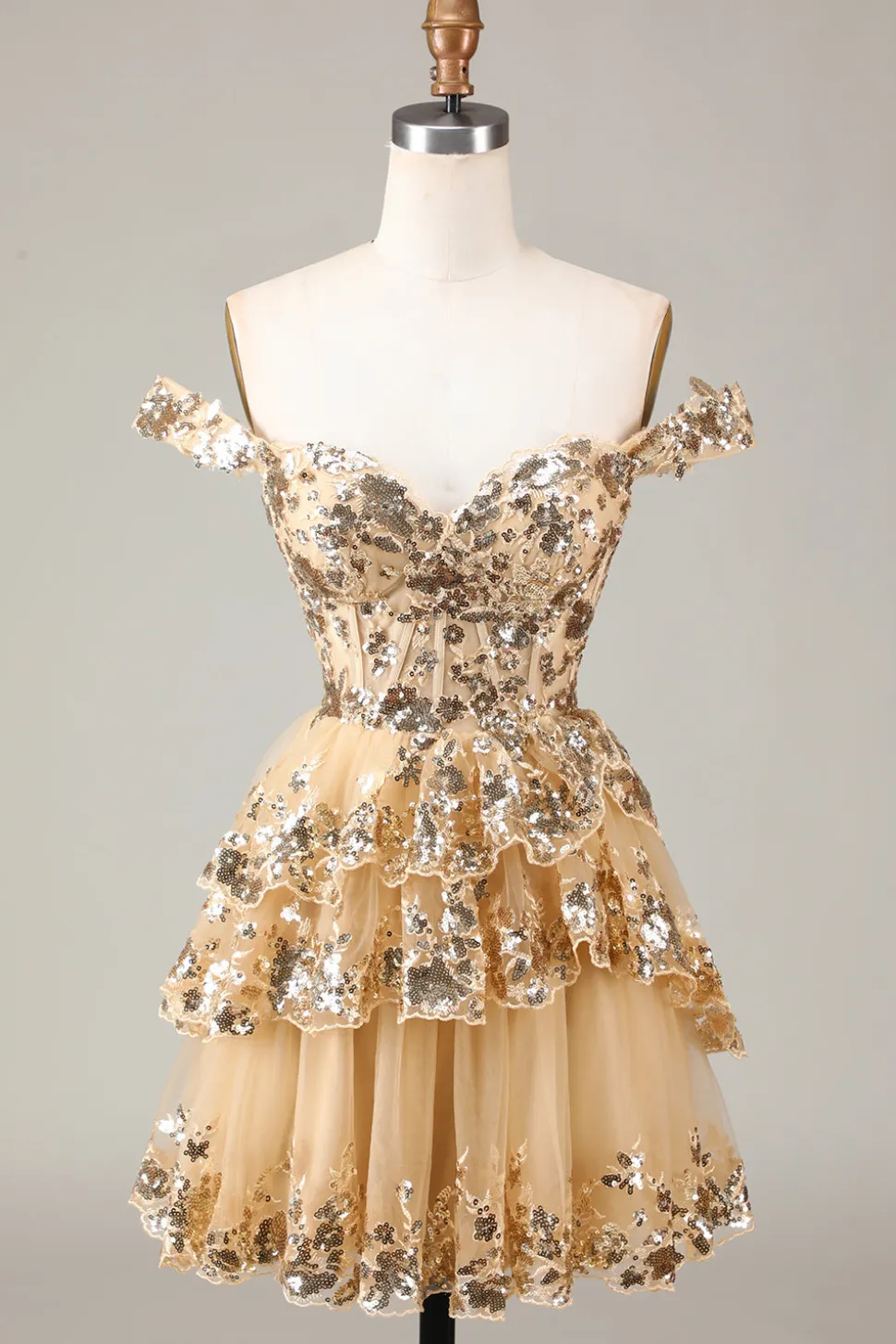 Preto brilhante Uma linha fora do espartilho ombro Tiered Lace Short Homecoming Dress