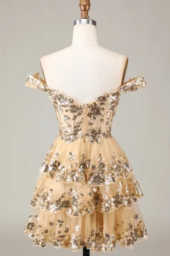 Preto brilhante Uma linha fora do espartilho ombro Tiered Lace Short Homecoming Dress