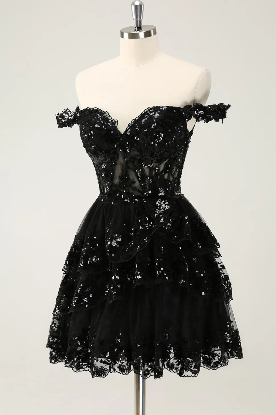 Preto brilhante Uma linha fora do espartilho ombro Tiered Lace Short Homecoming Dress