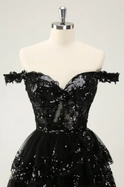Preto brilhante Uma linha fora do espartilho ombro Tiered Lace Short Homecoming Dress