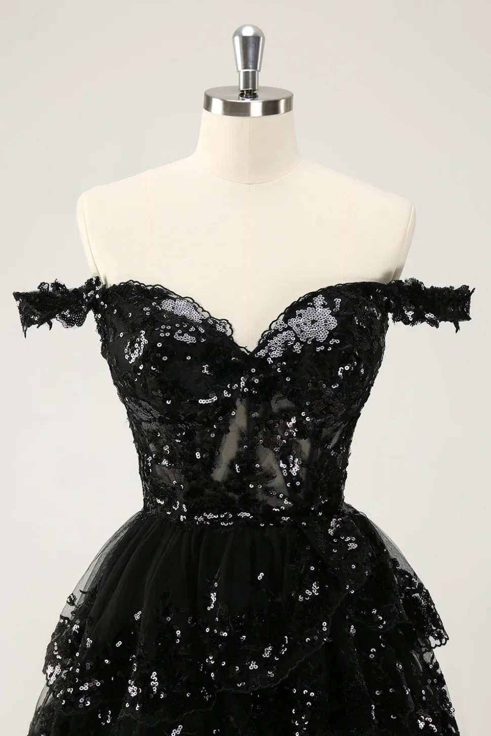 Preto brilhante Uma linha fora do espartilho ombro Tiered Lace Short Homecoming Dress