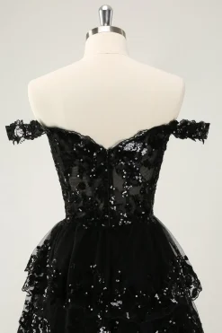 Preto brilhante Uma linha fora do espartilho ombro Tiered Lace Short Homecoming Dress
