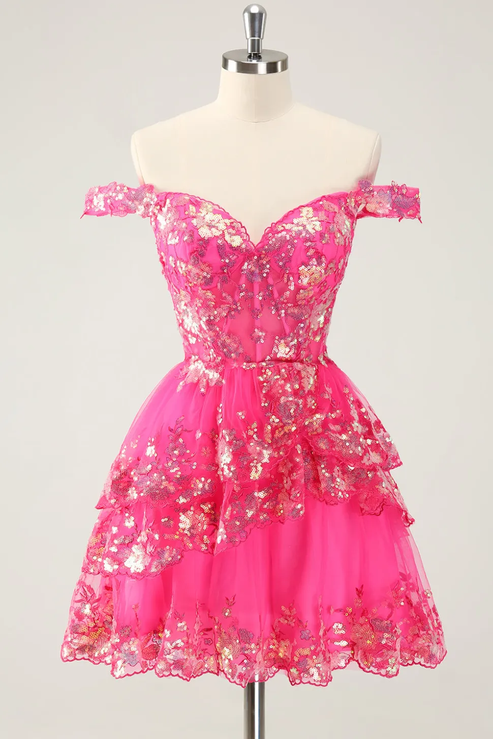 Preto brilhante Uma linha fora do espartilho ombro Tiered Lace Short Homecoming Dress