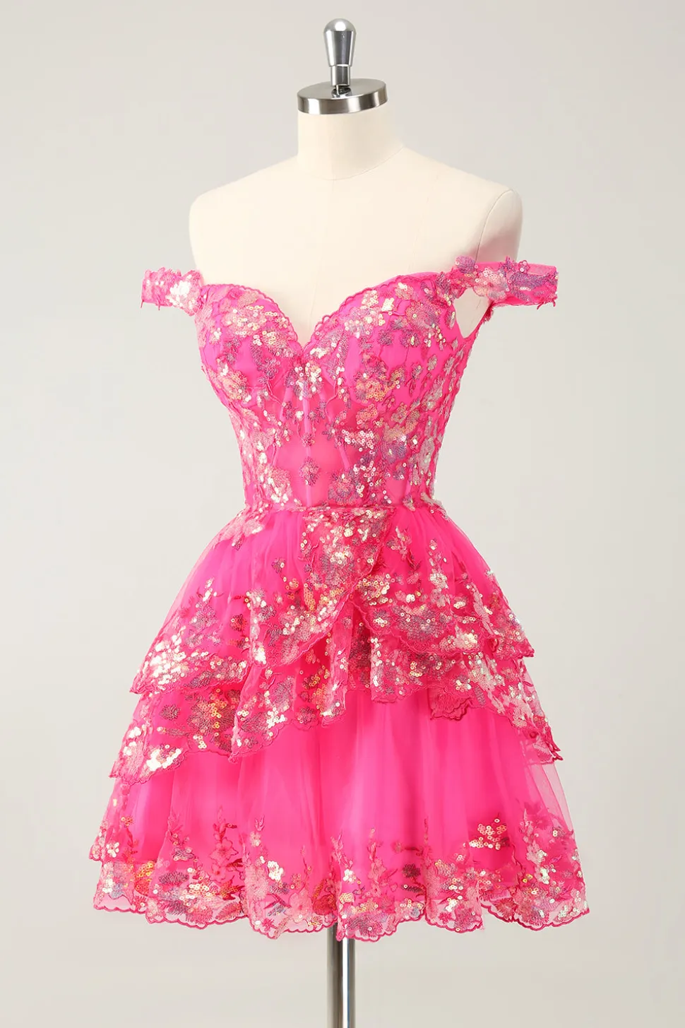 Preto brilhante Uma linha fora do espartilho ombro Tiered Lace Short Homecoming Dress