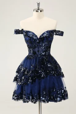 Preto brilhante Uma linha fora do espartilho ombro Tiered Lace Short Homecoming Dress